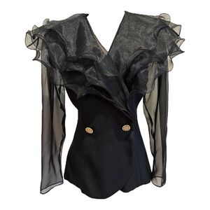 80s ALEX EVENINGS BLACK FITTED BLOUSE W DEEP SHEER RUFFLED & SHEER SLEEVES SZ 10